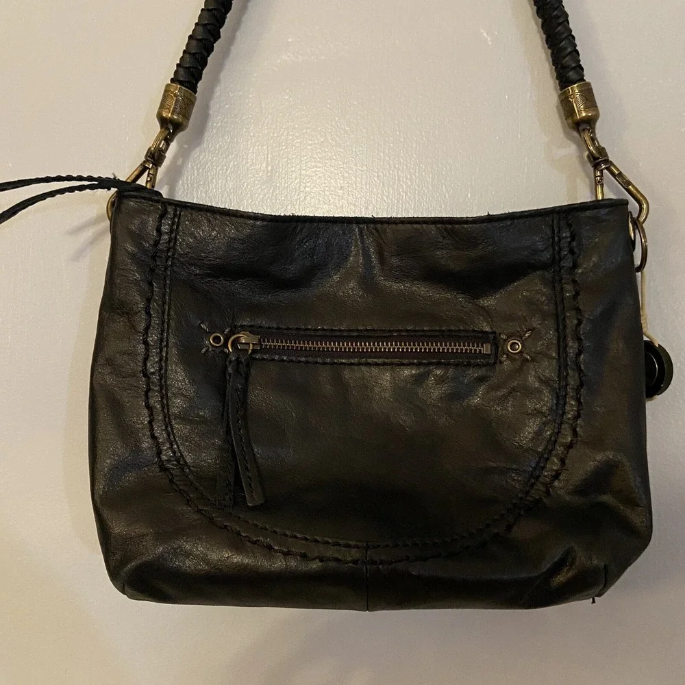 The Sak Black Leather Shoulder Bag Purse Braided‎ Strap Brass Hardware EUC Y2K